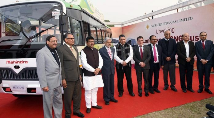 union Minister for Petroleum & Natural Gas and Steel Dharmendra Pradhan unveiled the country's first long-range CNG bus