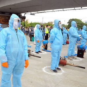 GHMC workers and entomology wing wearing protective equipment take an oath to protect the public during the nationwide lockdown in wake of Covid19 pandemic at Hi-tech city in Hyderabad. (ANI Photo)