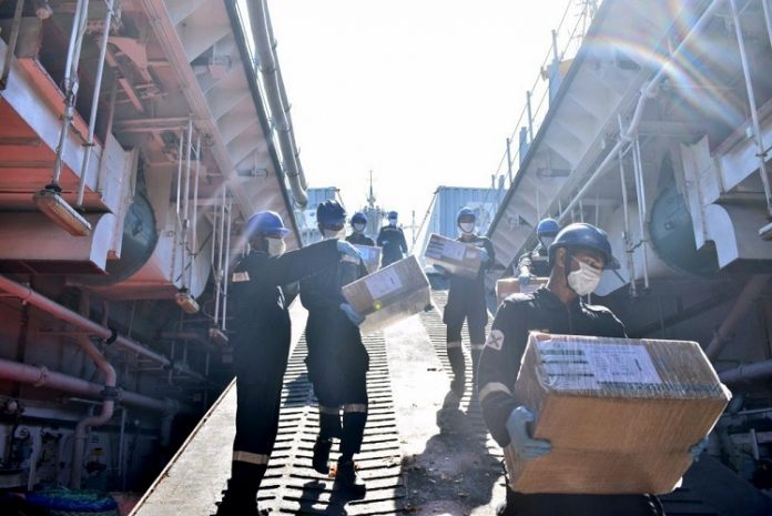 Indian Naval Ship Kesari has departed for Maldives, Mauritius, Seychelles, Madagascar, and Comoros, to provide food items, #COVID19 related medicines including HCQ tablets and special ayurvedic medicines with medical assistance teams embarked on Sunday. (ANI Photo)