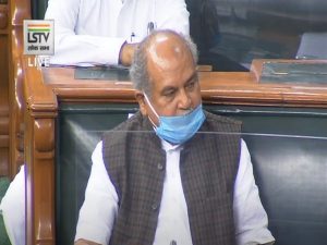 Union Agriculture Minister Narendra Singh Tomar speaking in Lok Sabha on Monday.