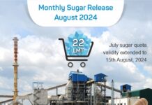 सरकार ने जुलाई कोटा के विस्तार के साथ अगस्त 2024 में घरेलू बिक्री के लिए 22 LMT मासिक चीनी कोटा आवंटित किया